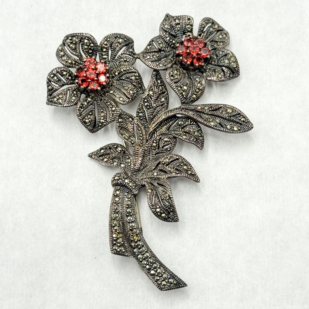 Vintage CFJ 925 Sterling Silver Marcasite Garnet Flower Bouquet Brooch Pin